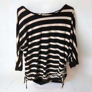 Black & White Stripes Drawstring Long Sleeve Pullover Sweater Blue Crush size 1X